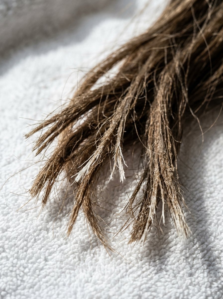 Split and frayed brown hair tips resting on a white textured towel background.