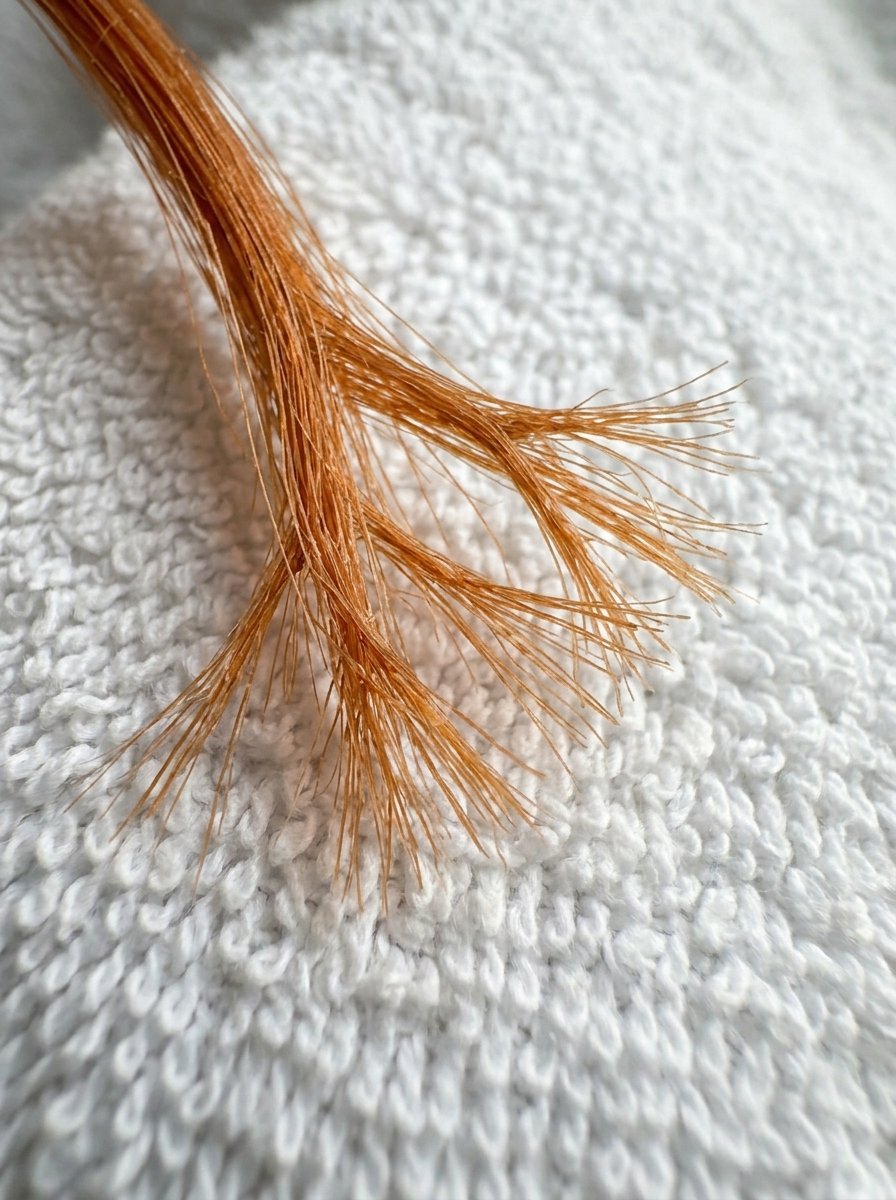 Split ends of ginger hair resting on a white towel background