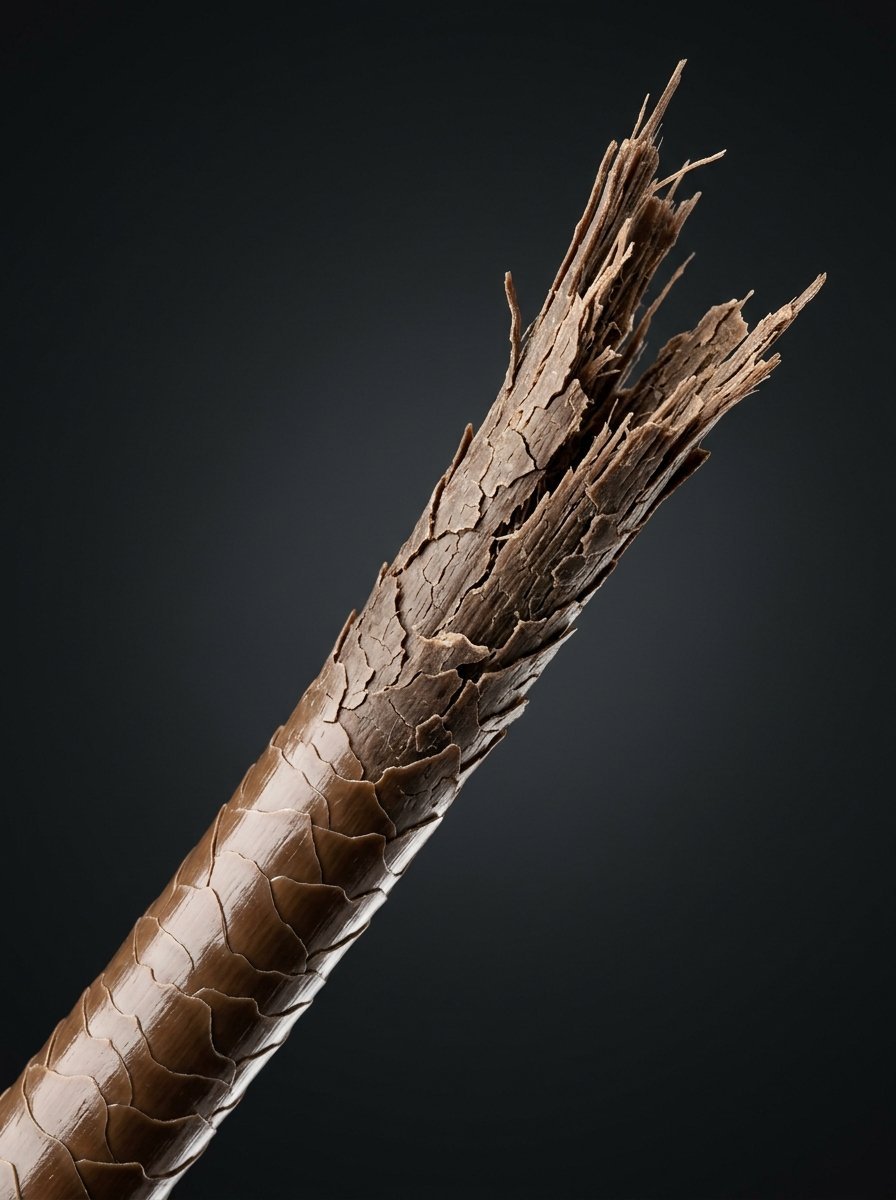 Microscopic shot of a brown hair shaft with split ends and peeling cuticle layers against a dark background.