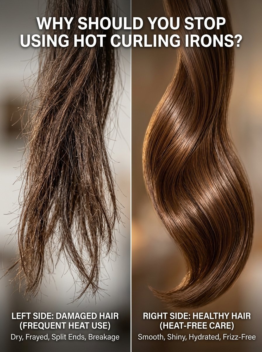 Split view showing frizzy damaged hair from heat tools next to glossy hydrated hair from heat-free routines.