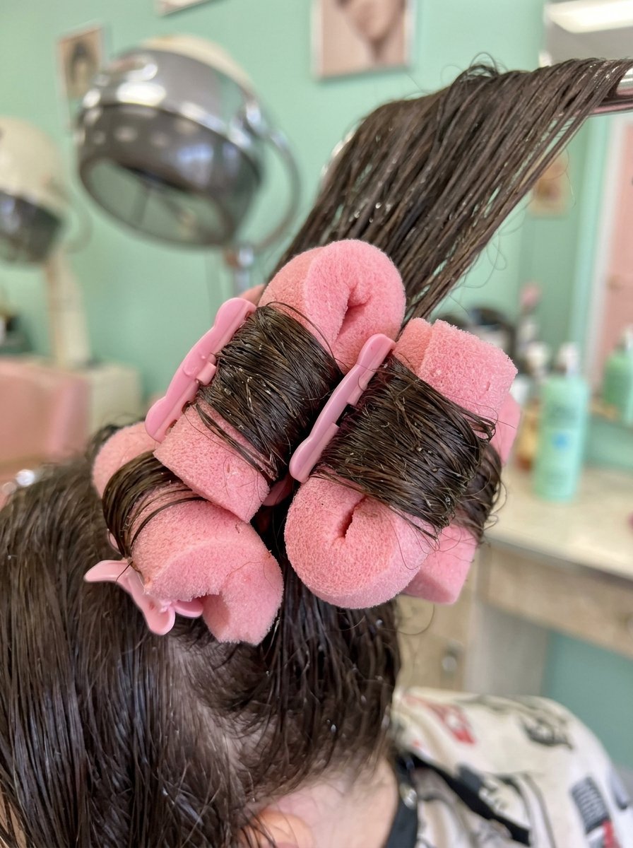 Close up of dark, damp hair being curled with soft pink foam rollers and pink plastic clips in a hair salon.