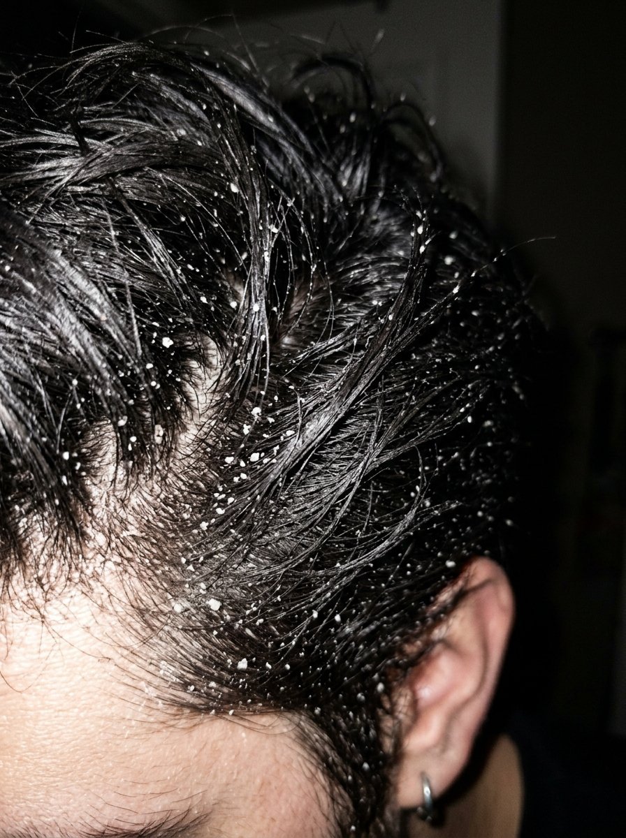 Small white particles of dandruff visible throughout thin dark human hair.