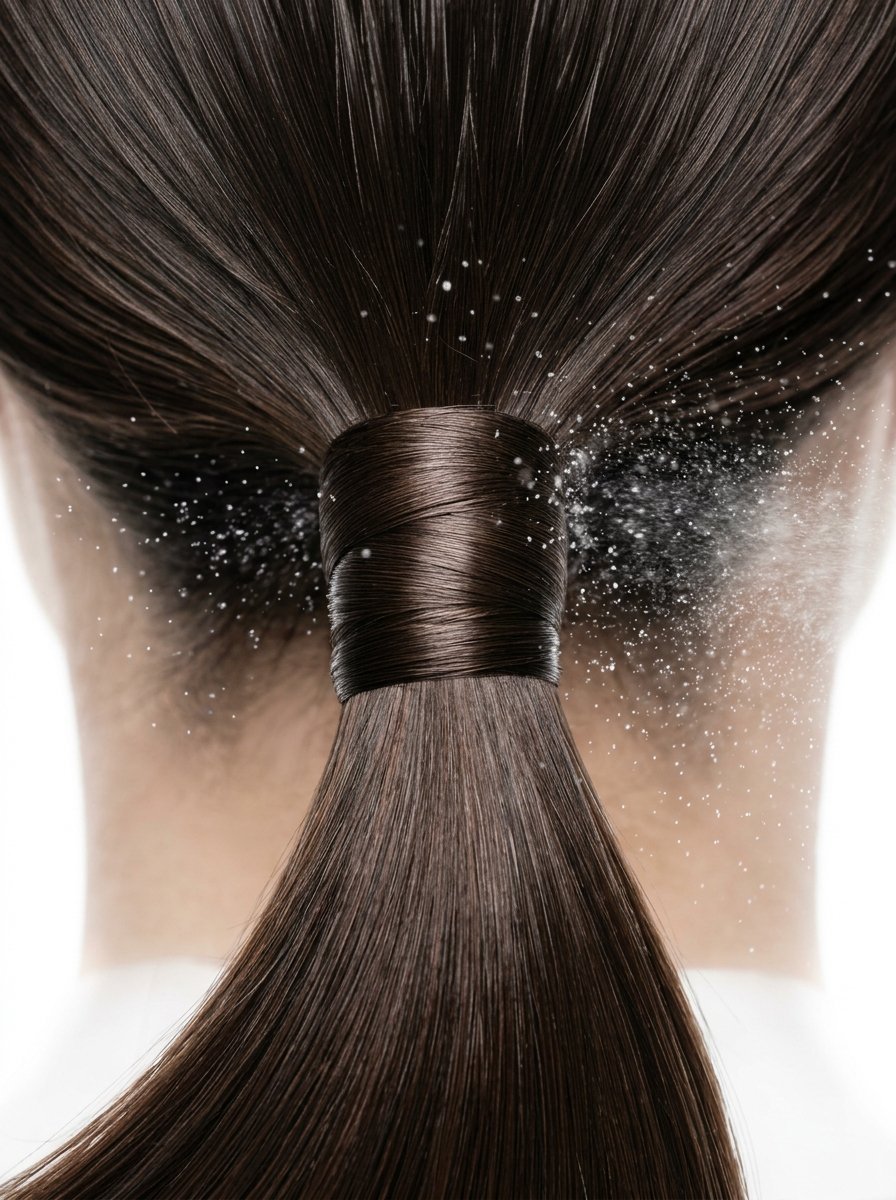 White particles floating around a dark brown hair ponytail against a white background.