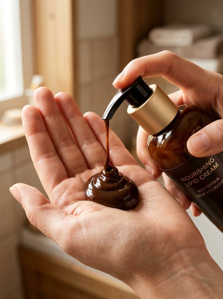 Close-up of a hand squeezing thick, dark brown cream from a cosmetic pump bottle onto the palm.