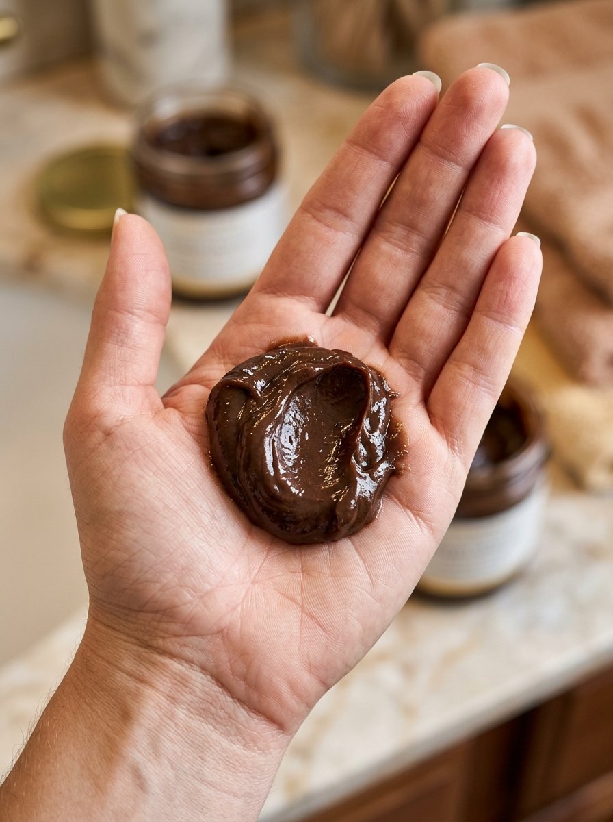 Close-up of a person holding a thick, glossy dark brown beauty cream in the center of their open hand.