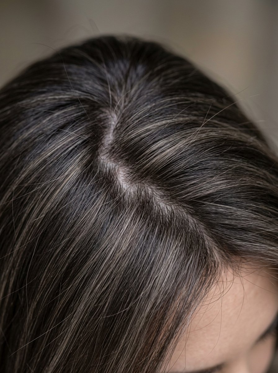 Top of head showing dark hair transitioning into silver and grey roots at the part line.