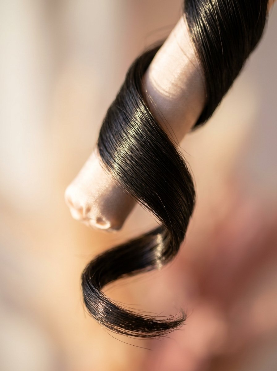 Close-up of a smooth dark hair strand spiraled around a beige fabric hair curling rod.