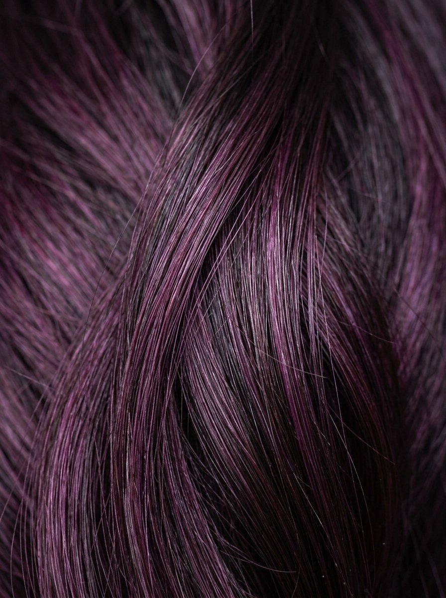 Macro shot showing strands of silky hair dyed in shades of dark purple and black.