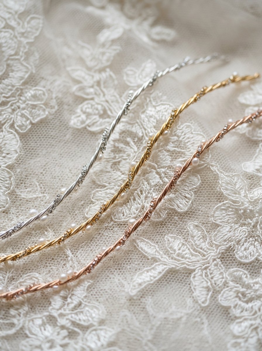 Silver, gold, and rose gold twisted wire headbands lying on intricate white lace fabric.