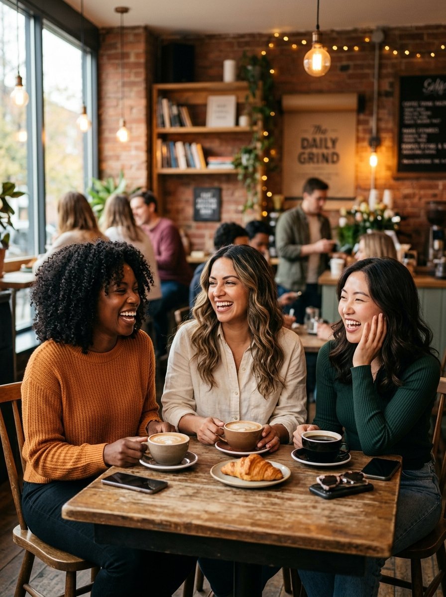 Three women sitting at a rustic wooden cafe table sharing laughter while drinking coffee and enjoying a croissant.