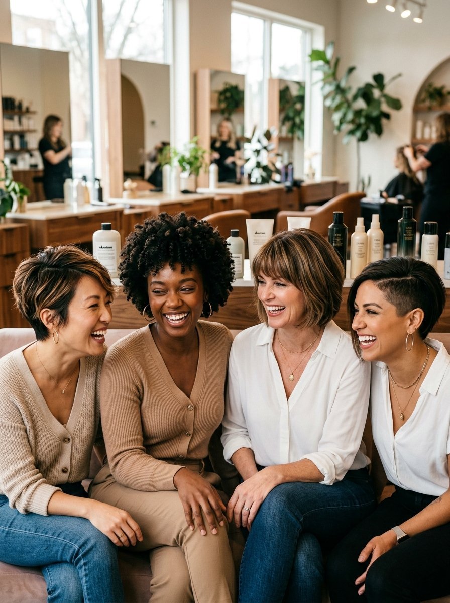 Four happy friends with different hairstyles sitting together and laughing in a bright, professional hair salon.
