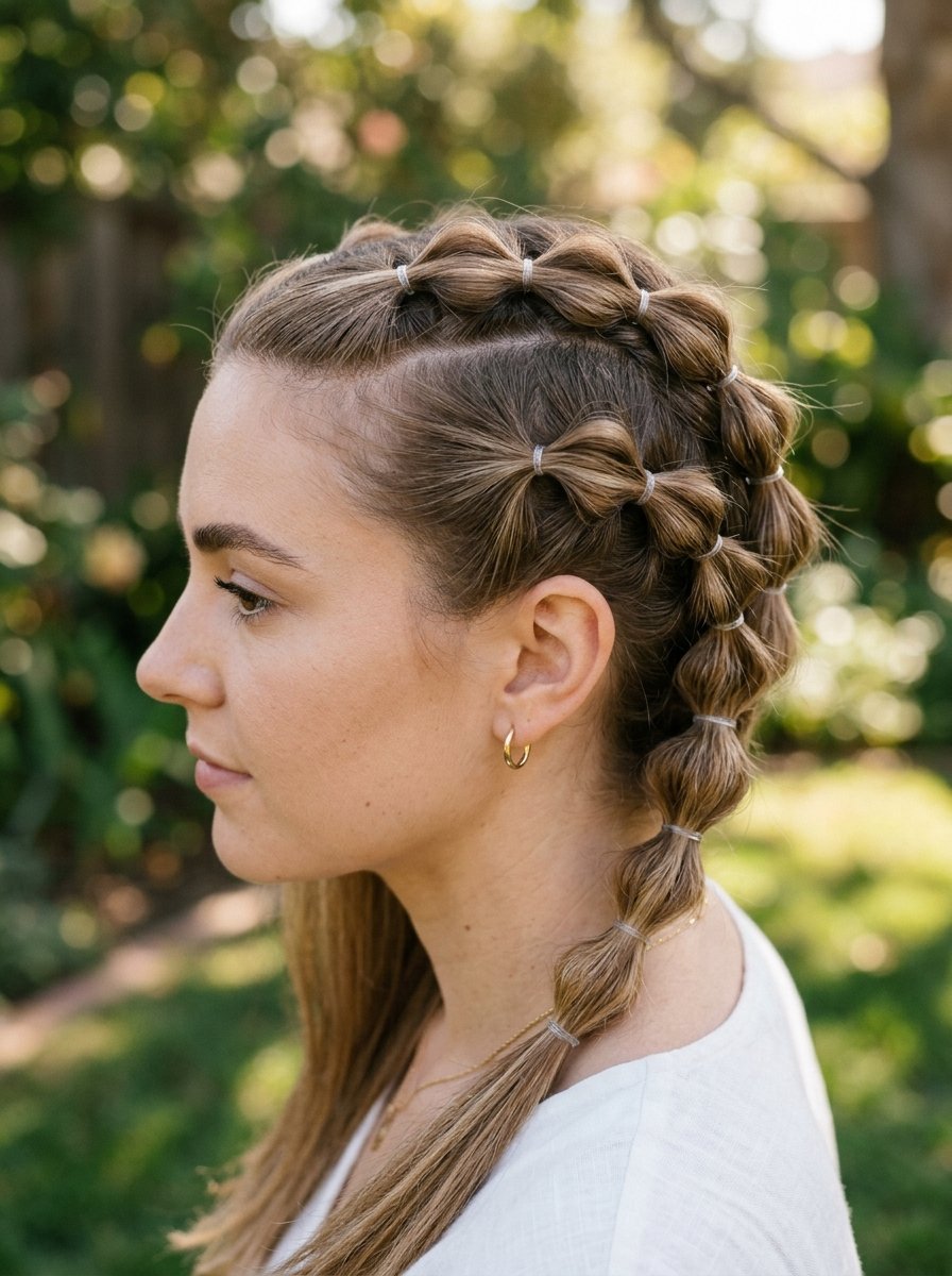 Close-up profile of a person with two rows of bubble braids secured by tiny clear elastic bands.