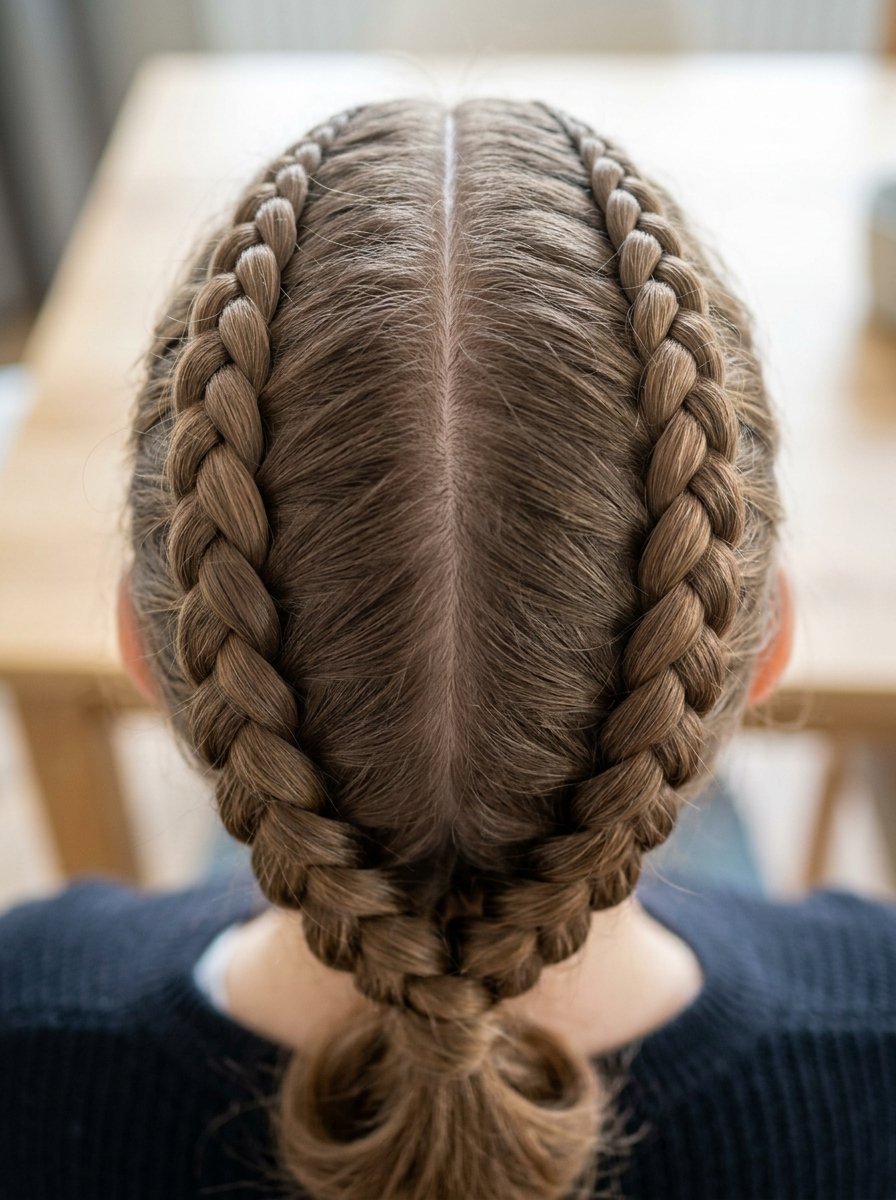 Close-up of hair styled into two tight cornrow-style braids meeting at the nape of the neck.