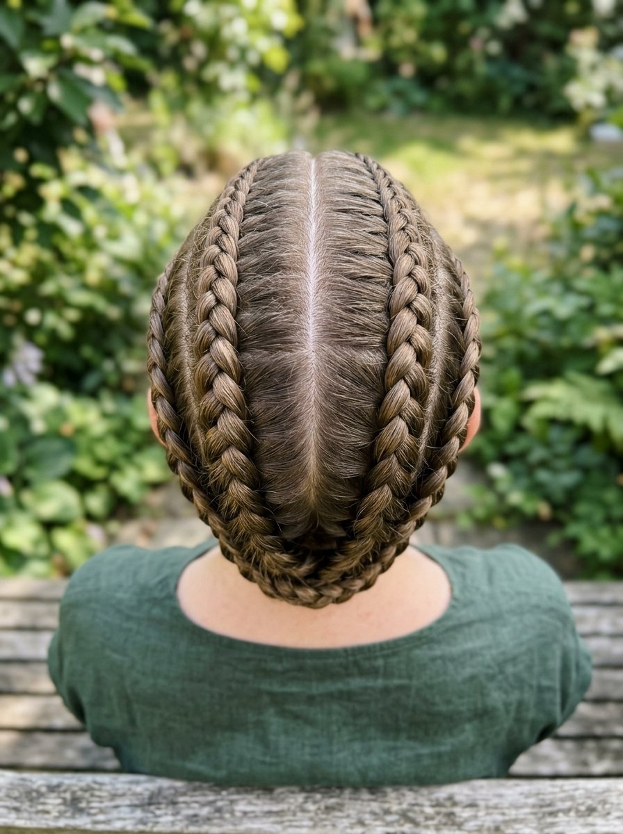 A person seen from the back wearing a green shirt, showcasing two neatly styled dutch braids joined at the nape.