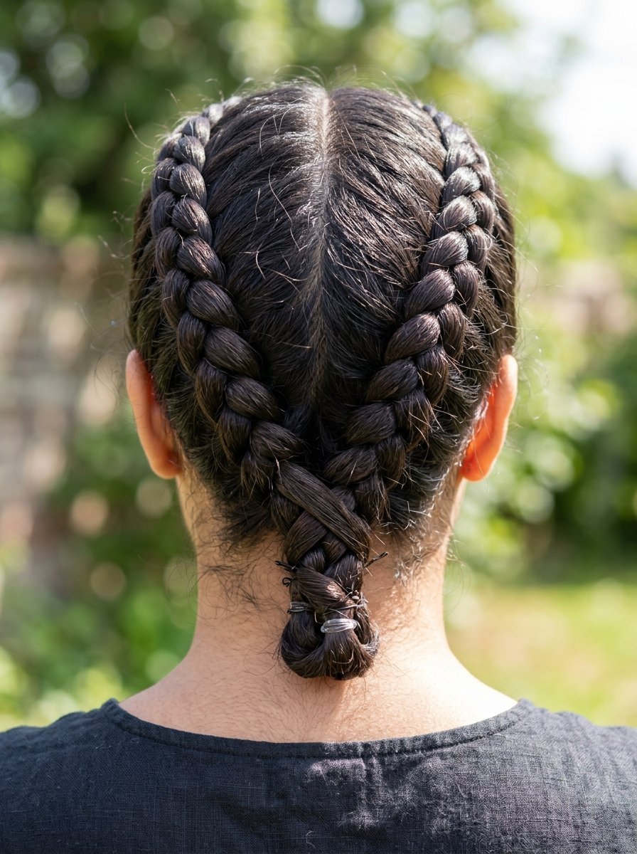 Close-up back view of a person with dark hair styled into two tight braids meeting at the nape of the neck.