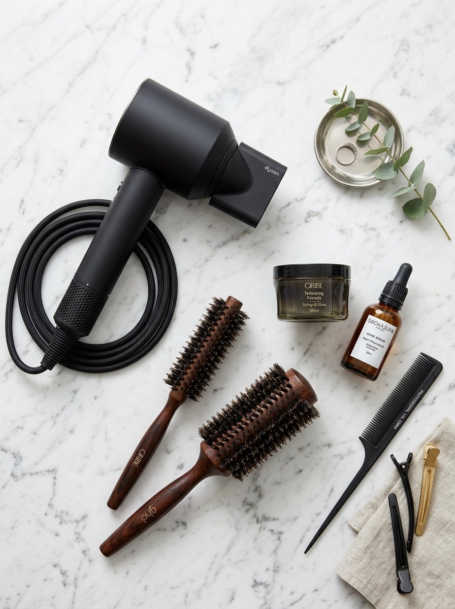 A black Dyson hair dryer, round wooden brushes, Oribe pomade, hair serum, and clips arranged on a white marble tabletop.