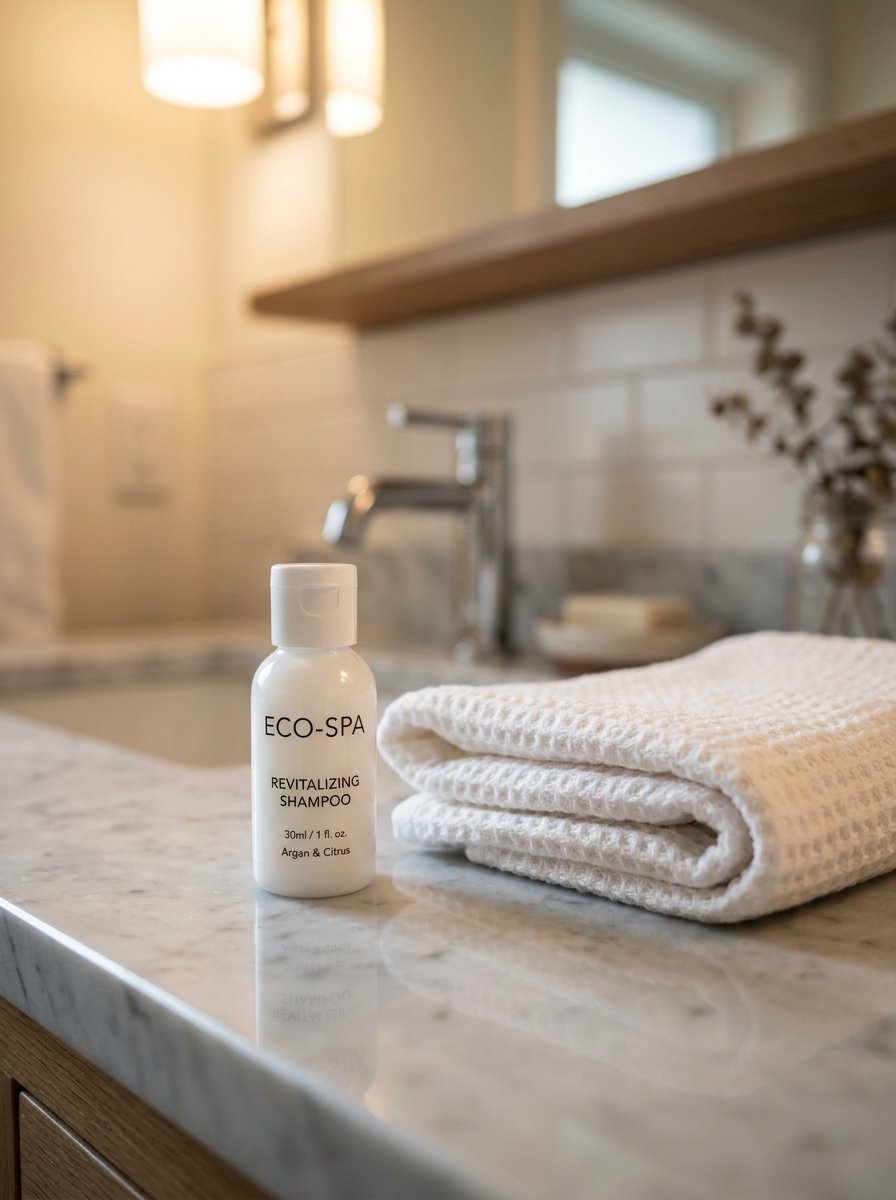 Travel size white shampoo bottle next to a folded white waffle-weave towel on a stone vanity.