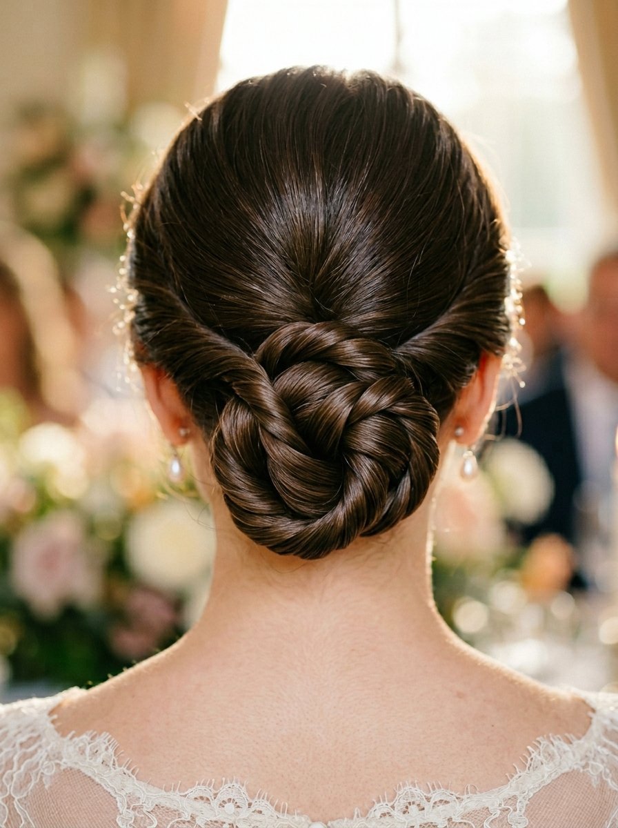 Close-up back view of a woman with shiny dark hair styled into an intricate, woven low bun wearing pearl earrings.