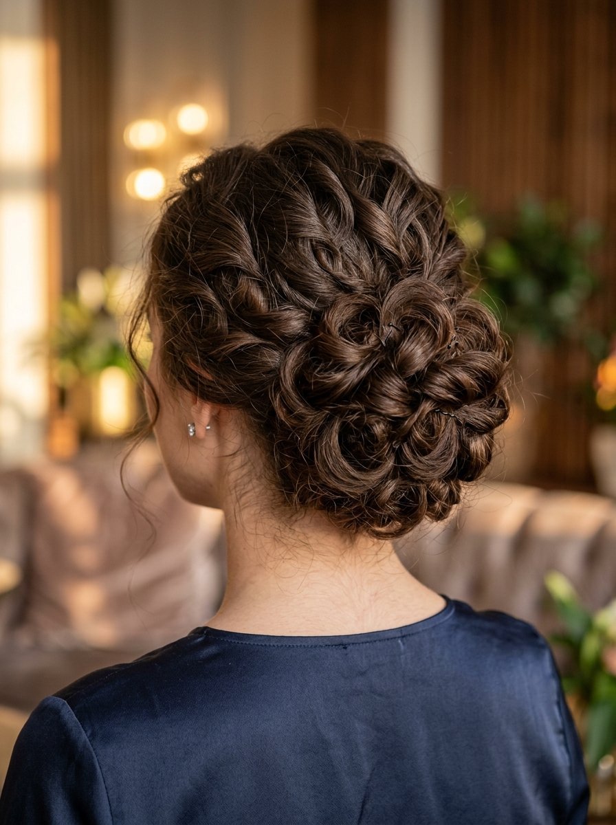 Close-up back view of a woman with an elaborate curled and braided brown hair bun style in a soft-focus setting.