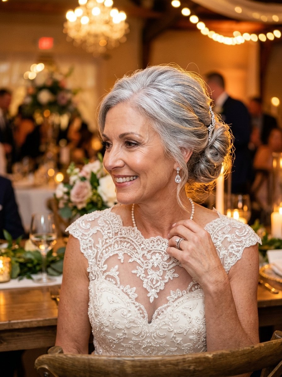 Close up of an older woman with silver hair wearing a beaded lace wedding dress at a candlelit table.