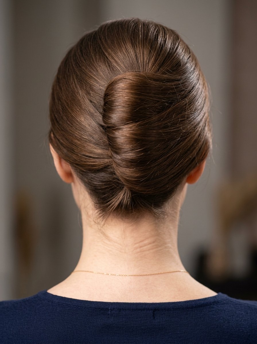Back view of a woman with her brown hair styled in a smooth, polished French twist bun.