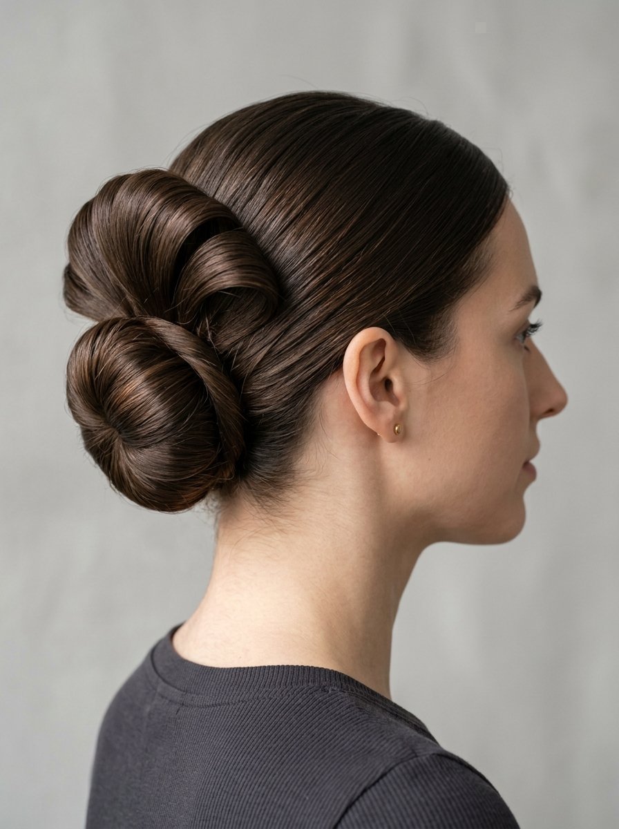 Side profile view of a woman wearing a smooth, sleek brown hairstyle styled into an artistic, rounded bun.