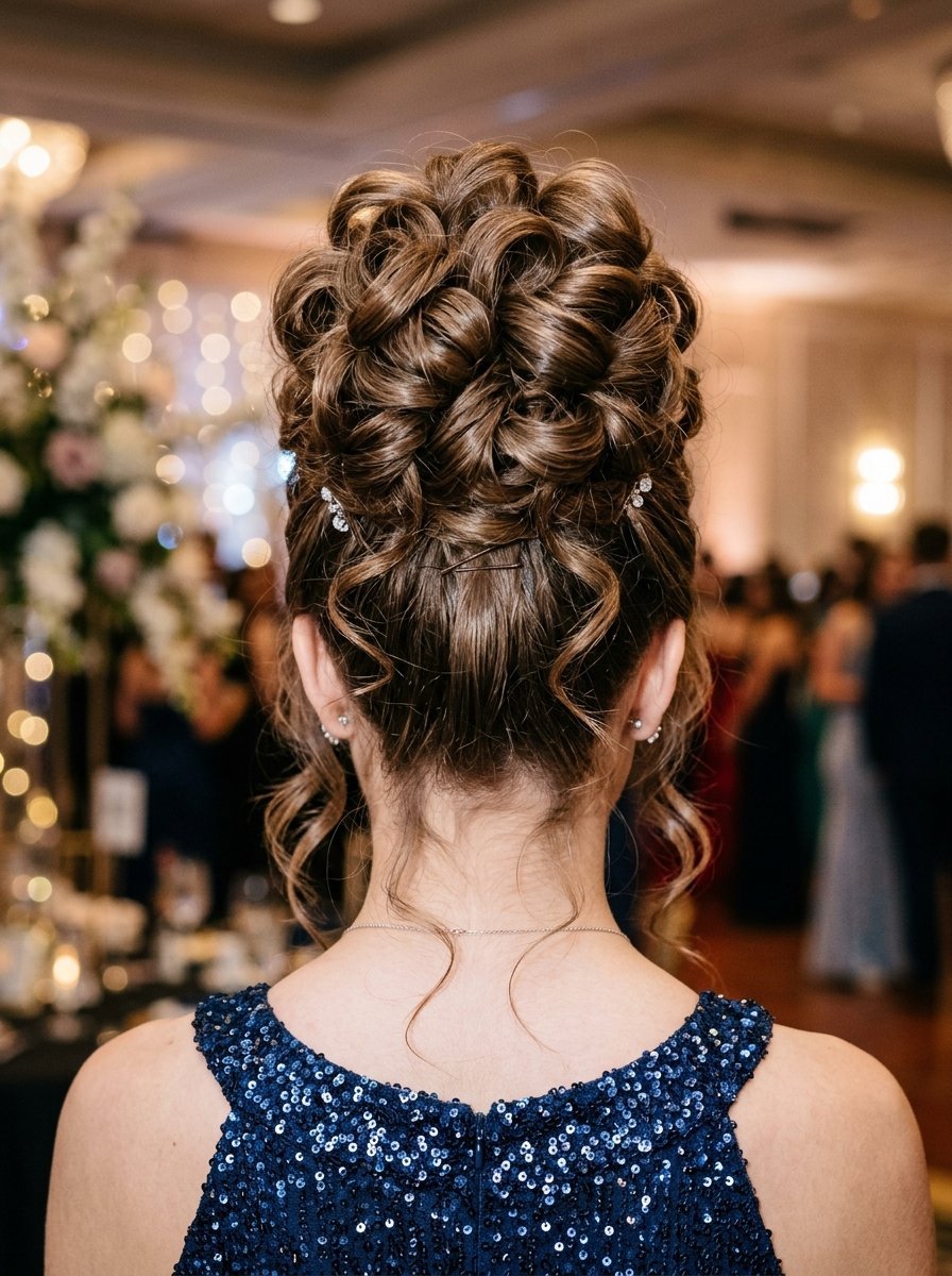 Back view of a woman with brown hair styled in a fancy curled updo, wearing a sparkly navy blue sequin dress.