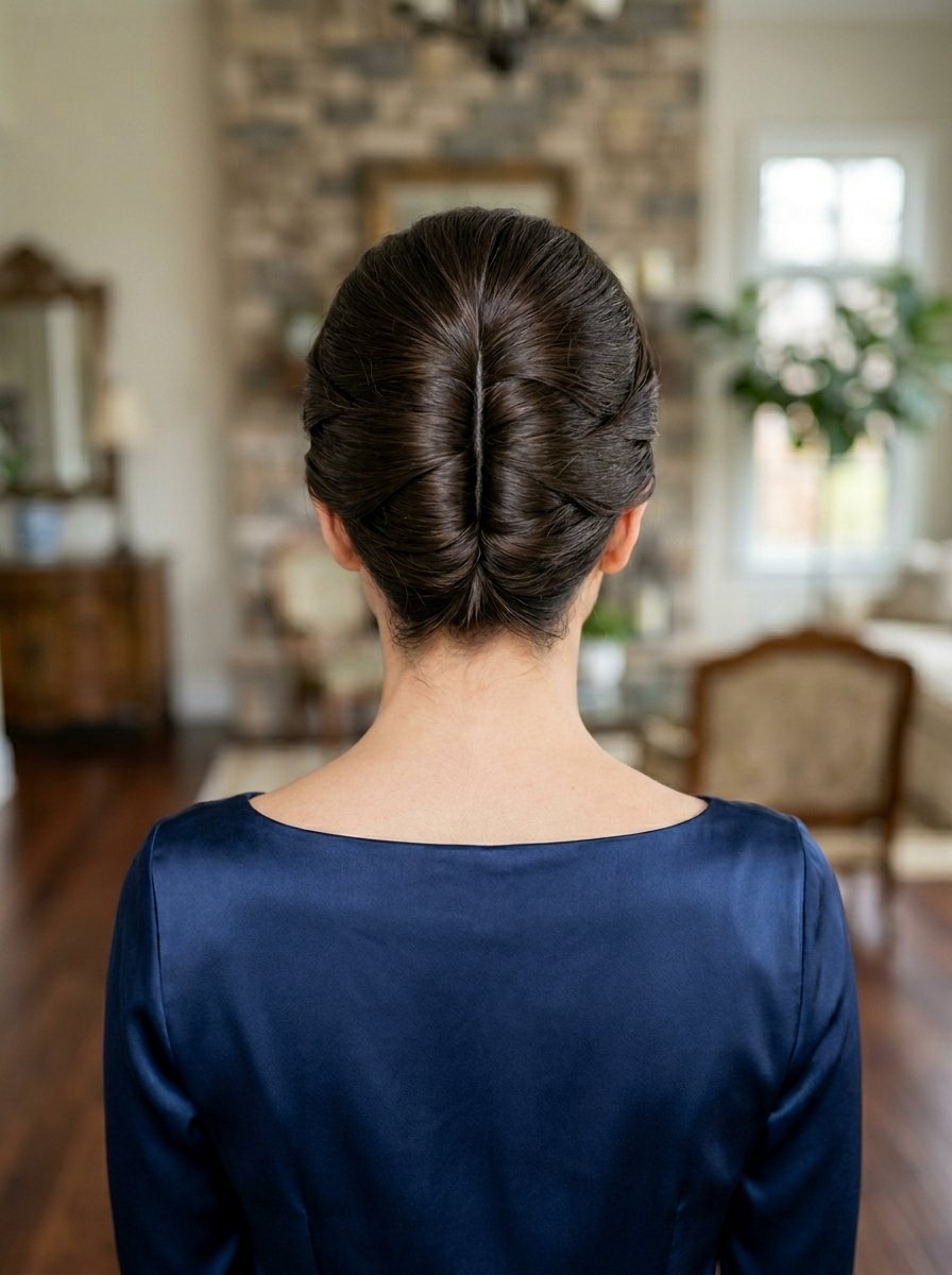 Back view of a woman wearing a navy satin top with her dark hair neatly tucked into a vertical French roll.