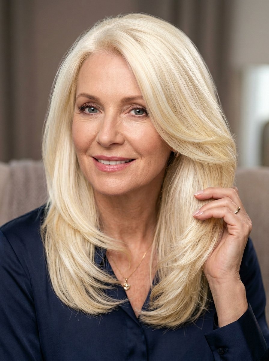 Portrait of a mature woman with long, sleek blonde hair wearing a dark blue blouse.