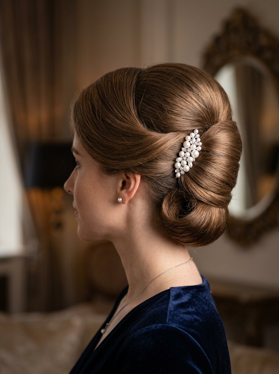 Side view of a woman with a smooth bun hairstyle adorned with a white pearl and crystal decorative hair accessory.