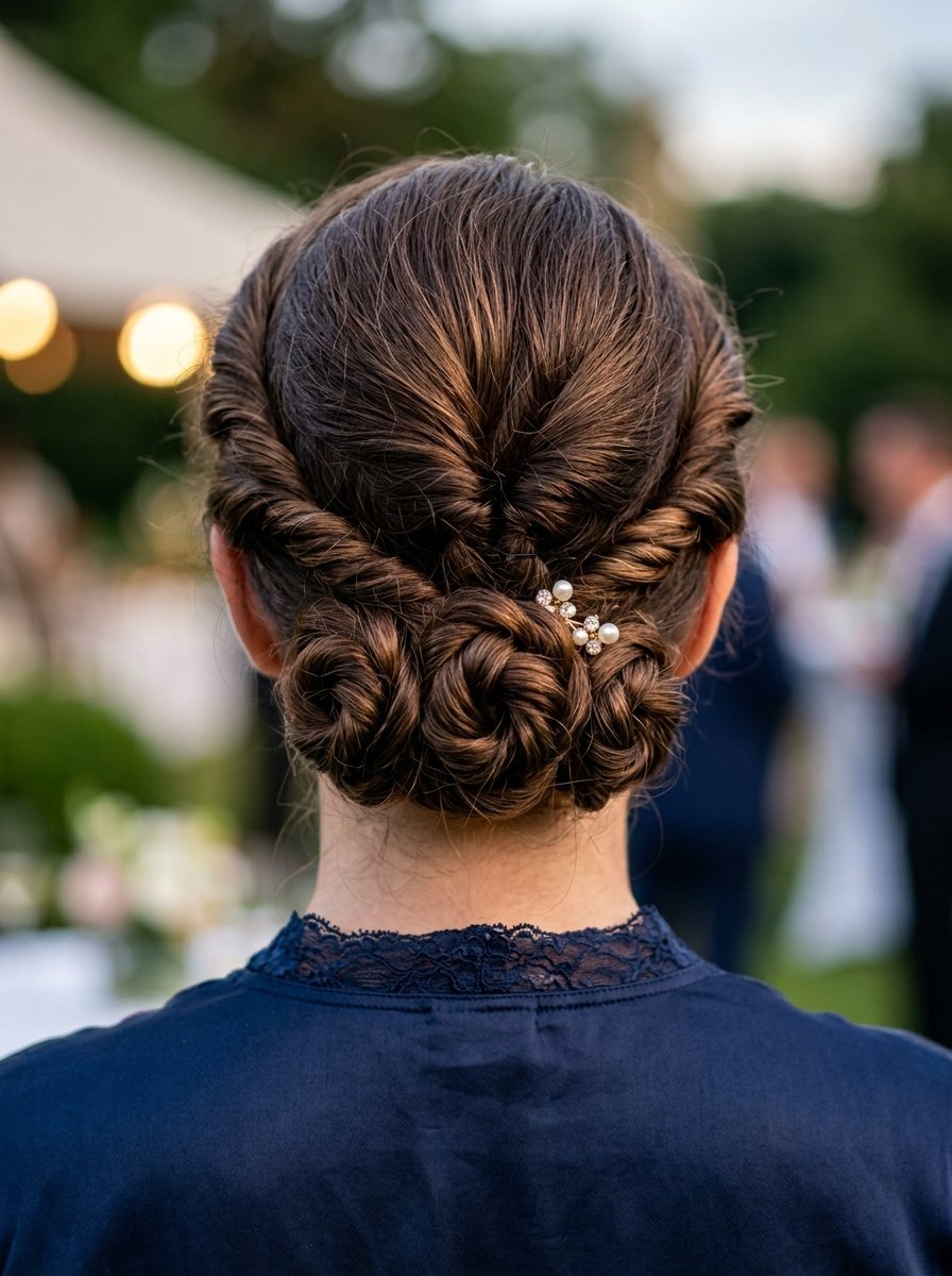 Close-up view of a woman's intricate braided low bun hairstyle adorned with a small pearl and crystal hair pin.