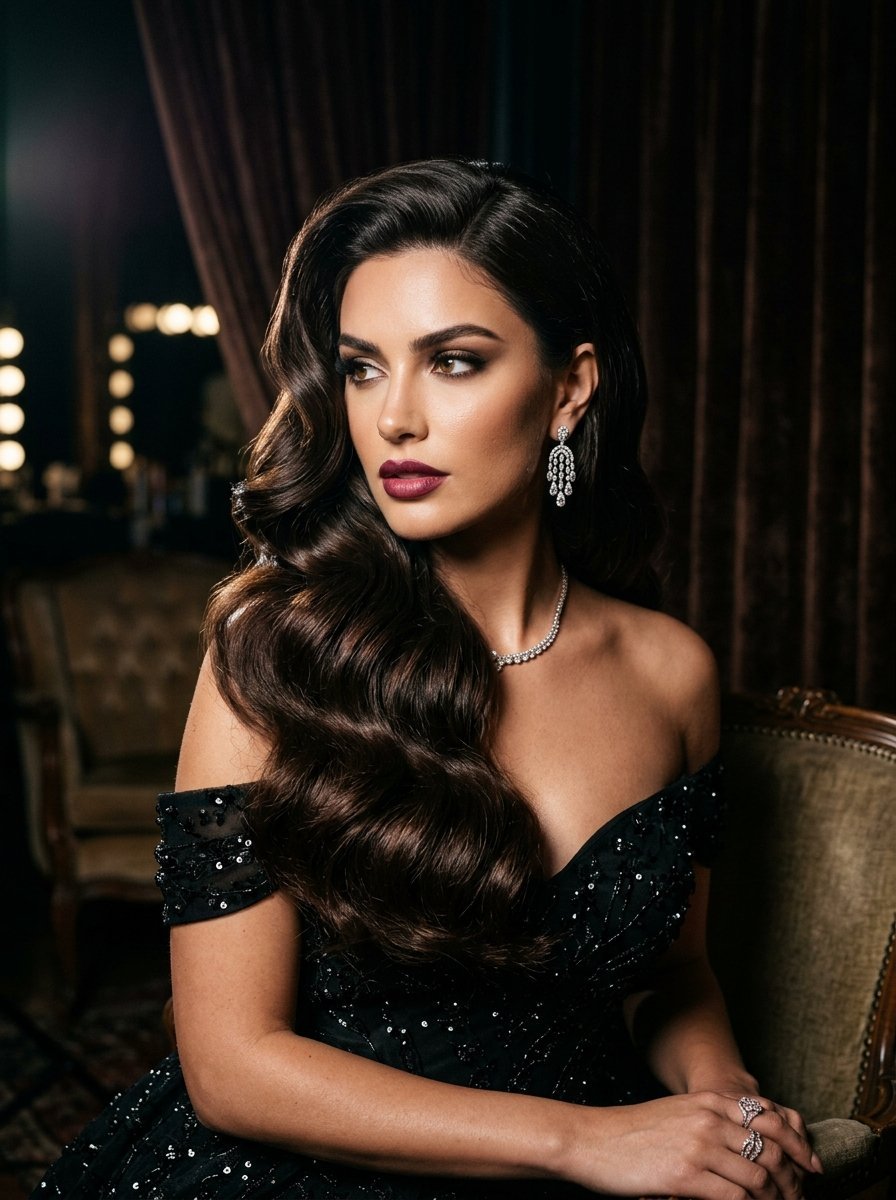Portrait of a brunette woman in a dark sequined off-the-shoulder gown and diamond jewelry sitting in a dimly lit room.