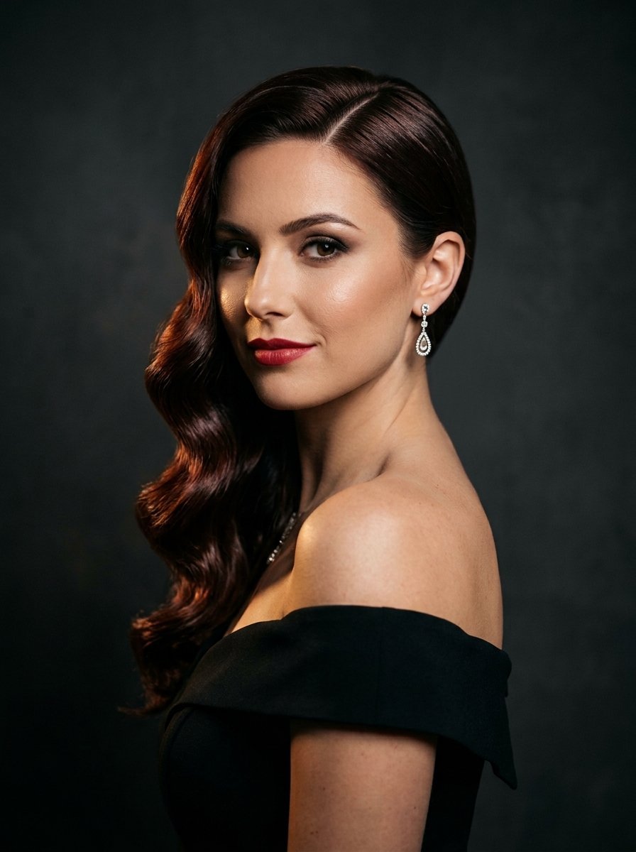 Portrait of a woman in an off-the-shoulder dress wearing diamond drop earrings against a dark background.