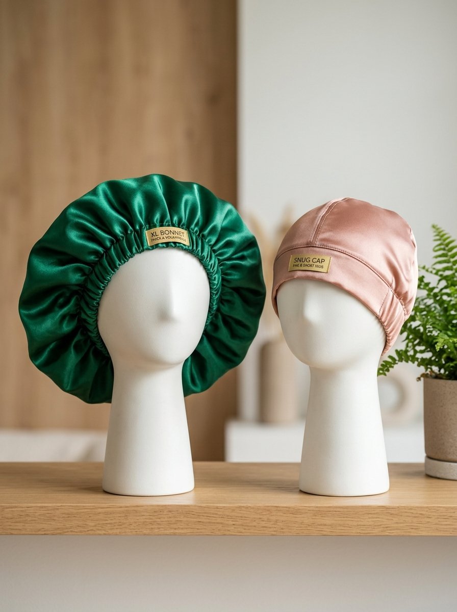 Two white mannequin heads wearing a large emerald green silk bonnet and a smaller blush pink snug cap.
