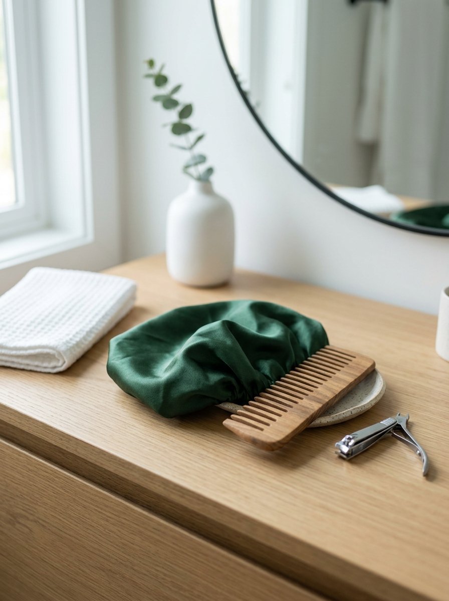 Satin emerald green hair cap resting on a small dish with a wood hair comb and nail clippers nearby.