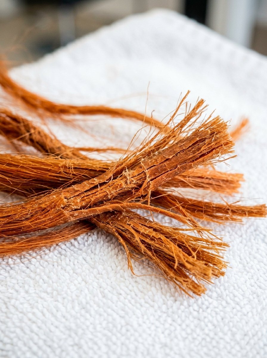 Close up of frayed brown dried plant stalks or raw fibers on a white textured towel.