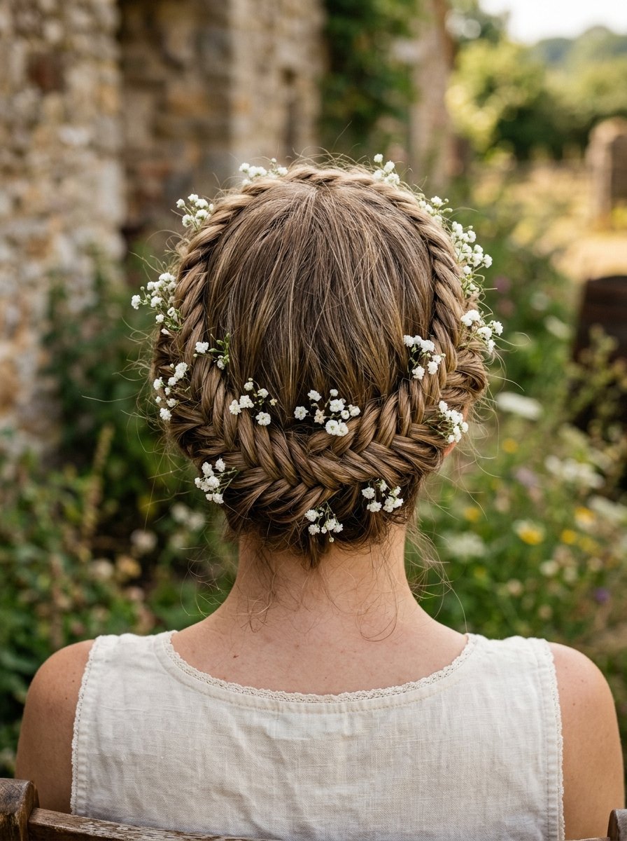 Back view of a woman with a crown fishtail braid decorated with small baby's breath flowers.