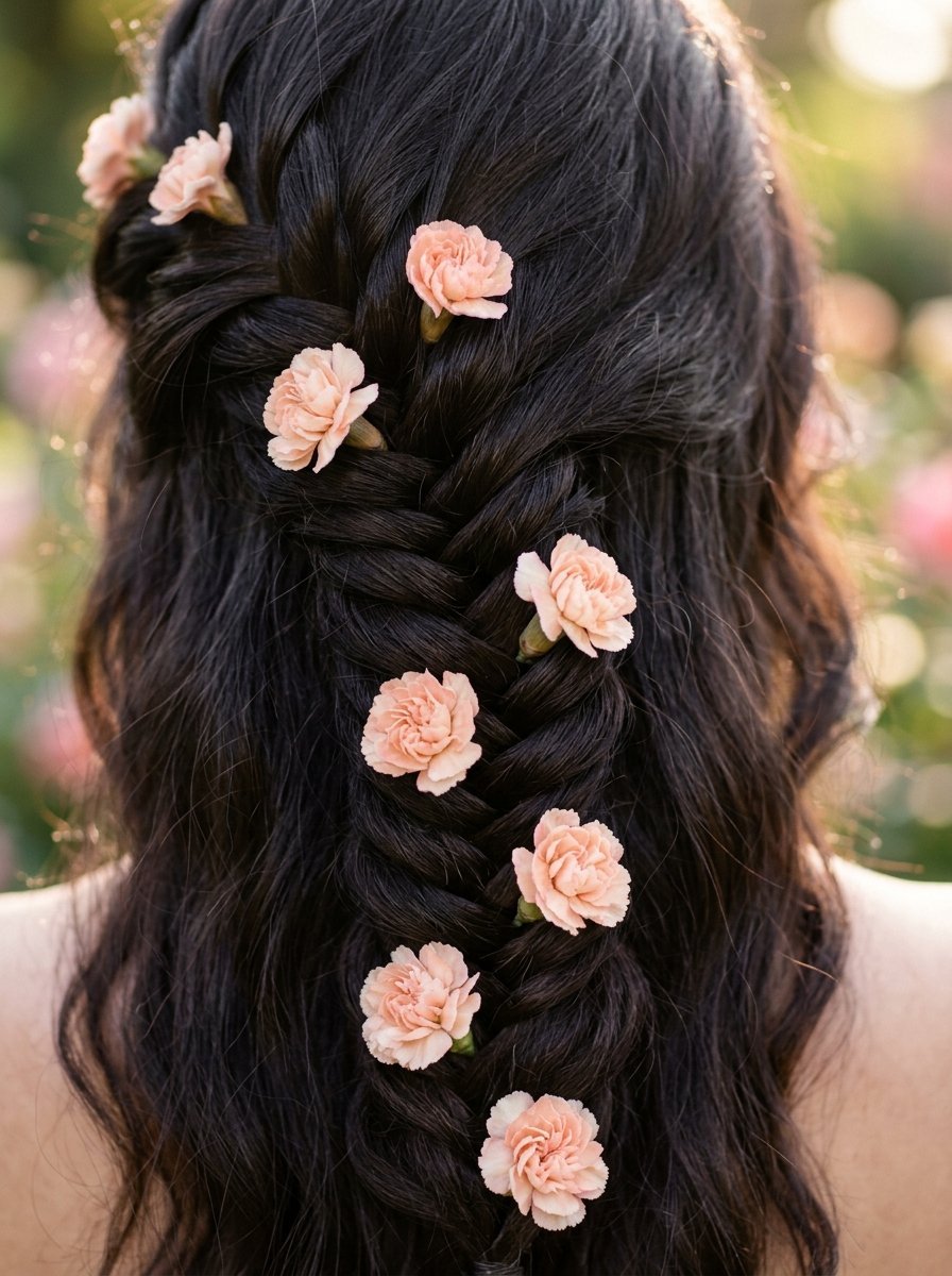 Close-up back view of dark wavy hair styled in a fishtail braid adorned with small light pink carnation blossoms.