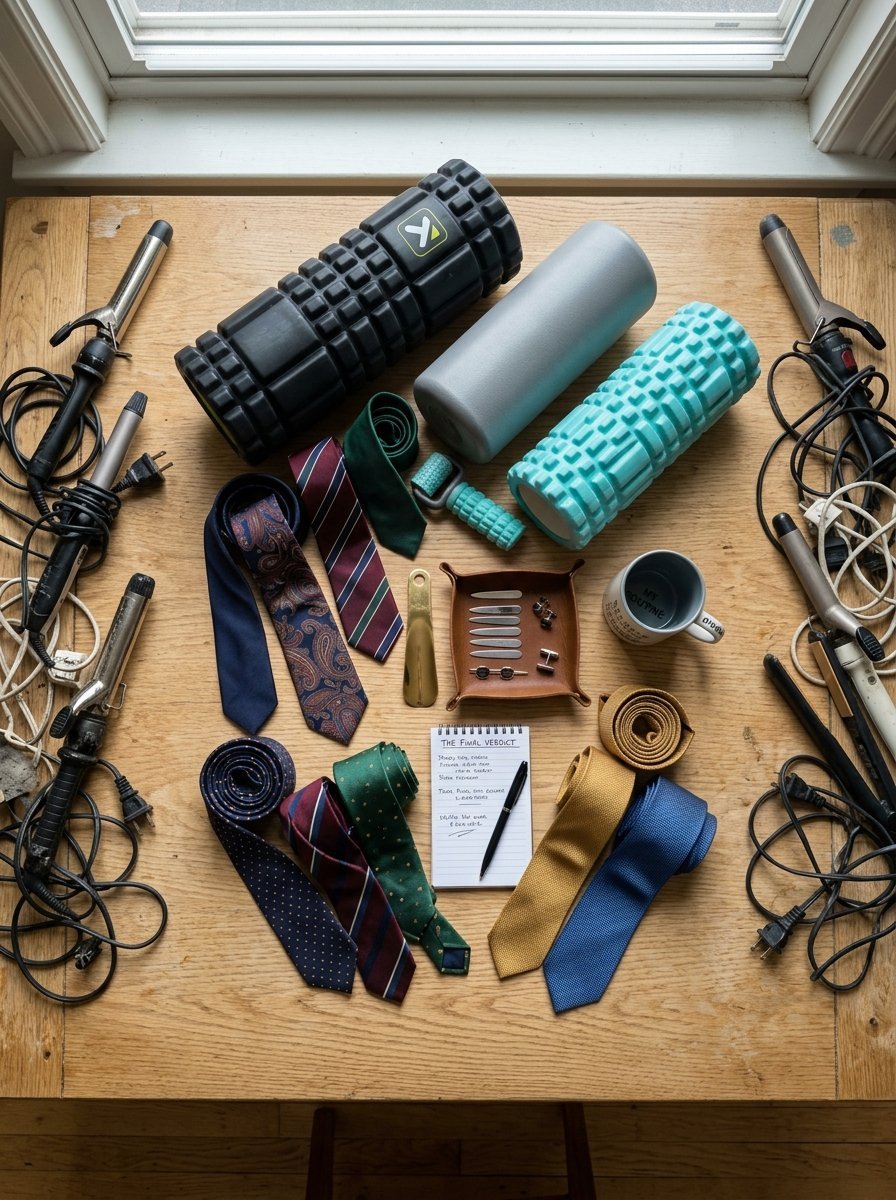 Top-down view of a wooden table covered in fitness rollers, electric curling irons, neckties, and a small notepad.