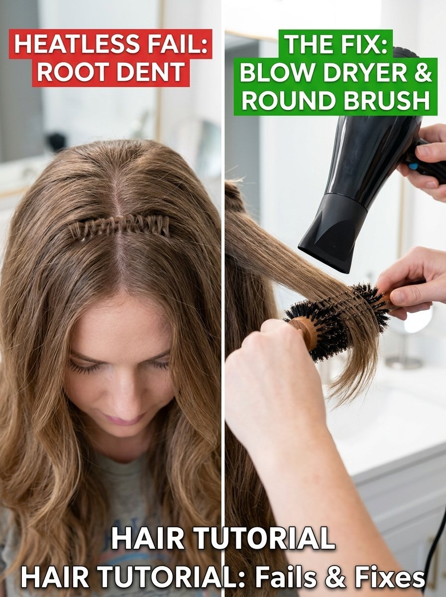 Comparison photo showing a hair root dent on the left and a round brush blow dry styling technique on the right.