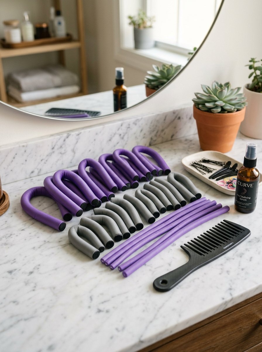 Flexible foam hair curlers arranged on a marble vanity with a black styling comb and hair serum.