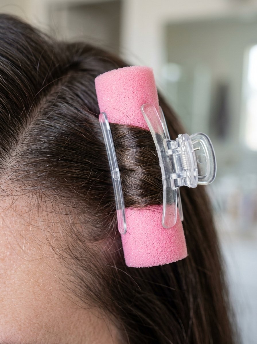 Close up of dark brown hair wrapped around a pink foam sponge roller held in place by a transparent plastic hair clip.