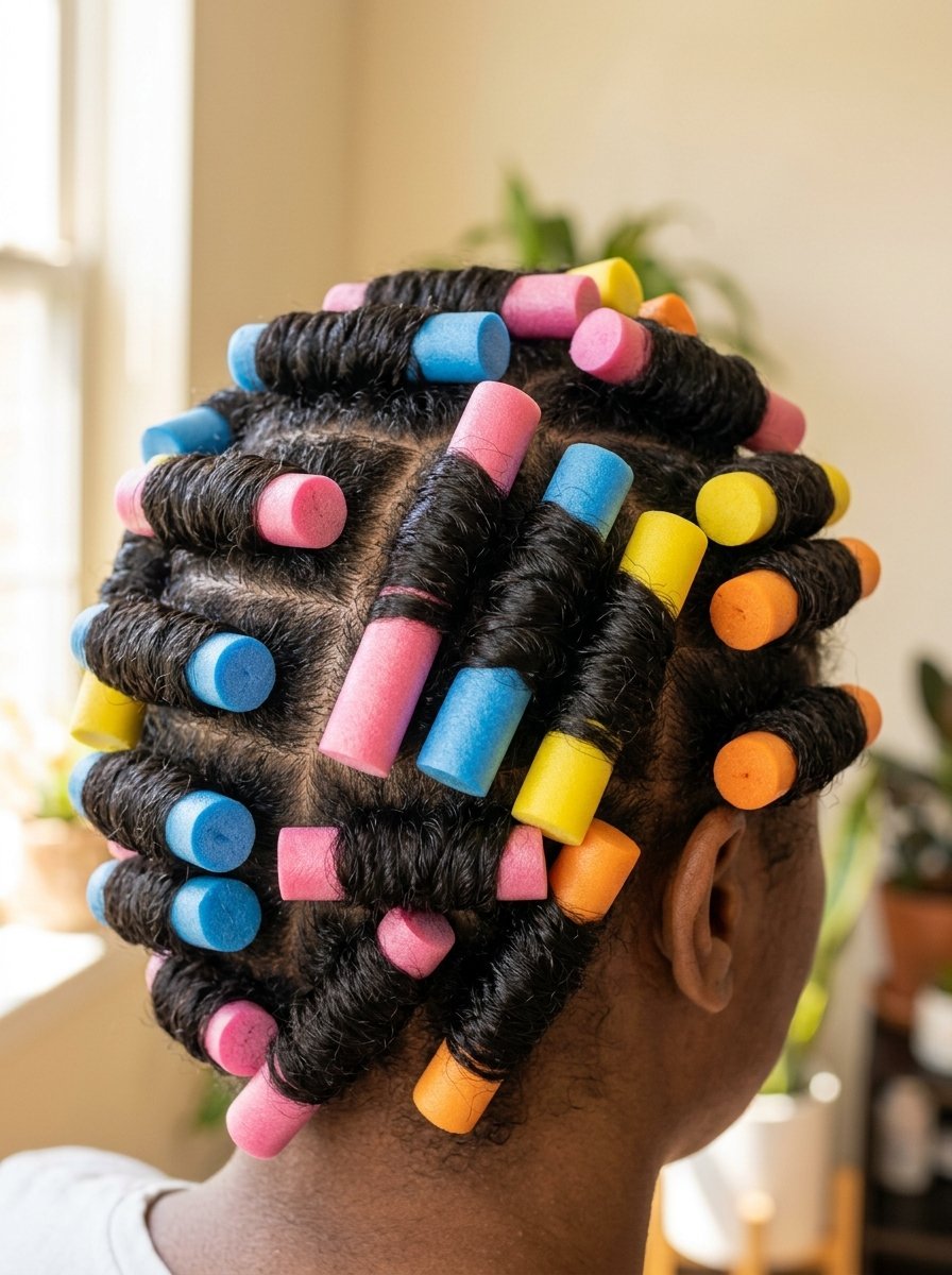 Back view of a person with dark hair styled in bright pink, blue, yellow, and orange foam perm rods.