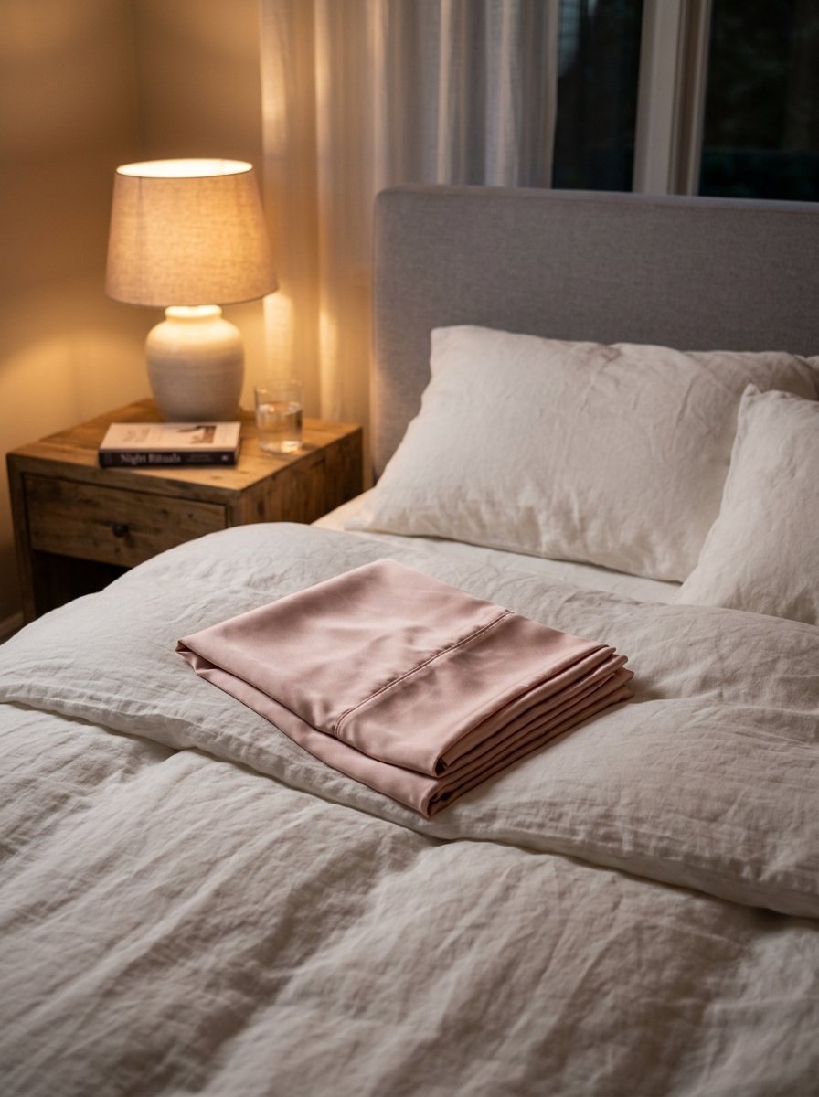 Close up of a neatly folded blush pink sheet placed on top of a rumpled white bed set in a dimly lit bedroom.
