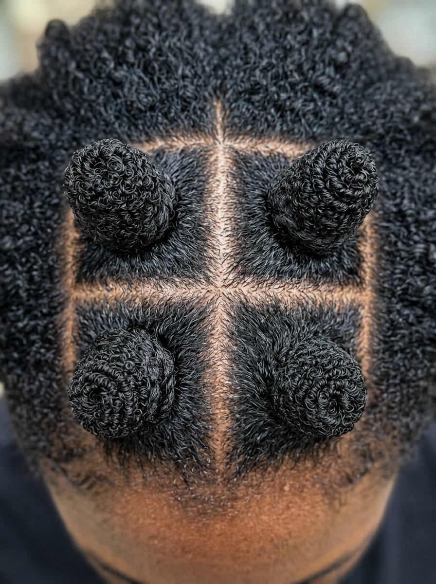 Top-down view of a scalp showing hair sectioned into a grid with four distinct coiled knots.
