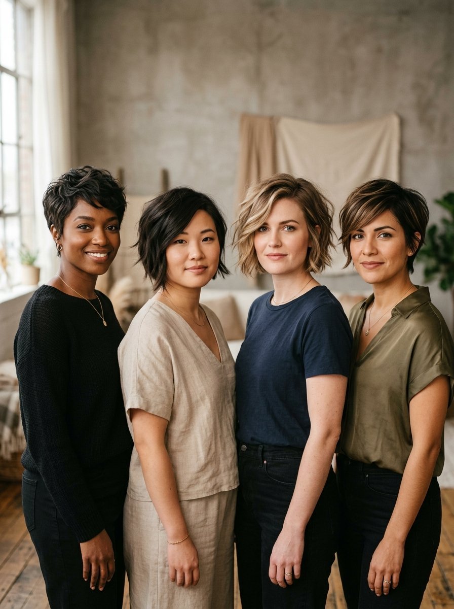 A group of four women of different ethnicities posing together against a textured wall in a bright indoor setting.