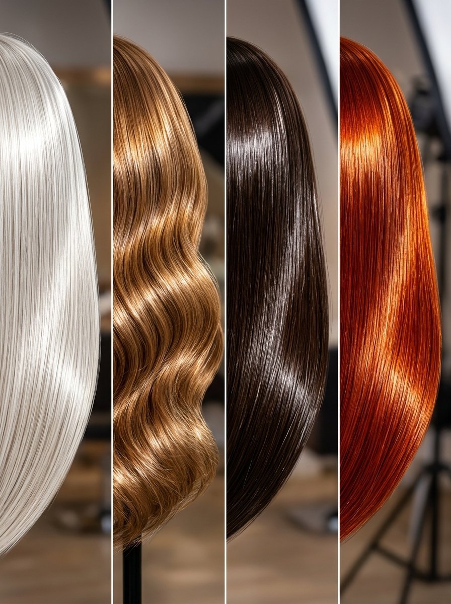 Close-up of hair strands in white, wavy blonde, dark brown, and vibrant copper red colors.