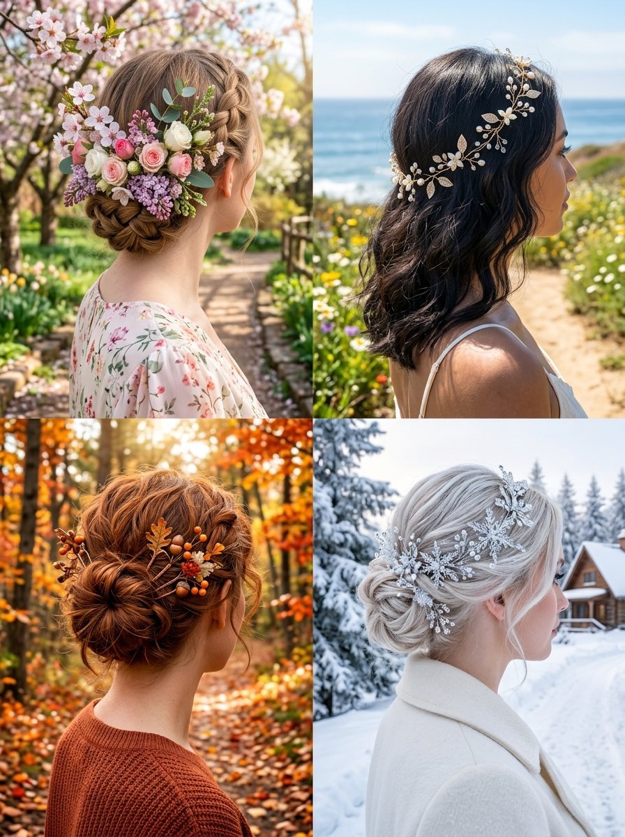 Four women featuring bridal hair accessories themed for spring, summer, fall, and winter seasons.