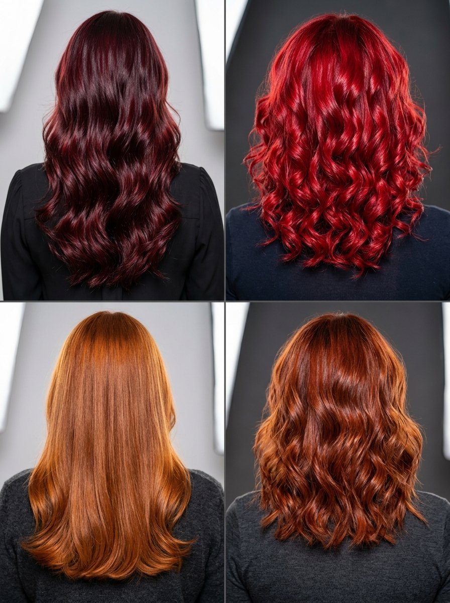Back view of four women showcasing various red hairstyles, including deep burgundy and bright crimson locks.