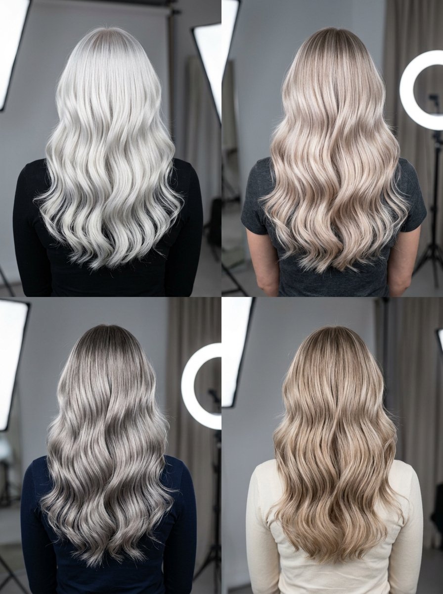 Back view of four women with varying wavy blonde and platinum hair tones in a studio setting.